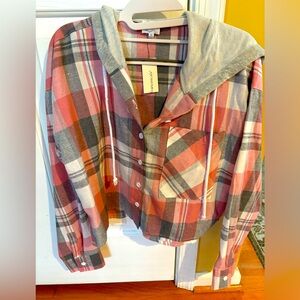NWT Francesca’s Blue Rain Cropped Pink Plaid Flannel Hoodie, Size M